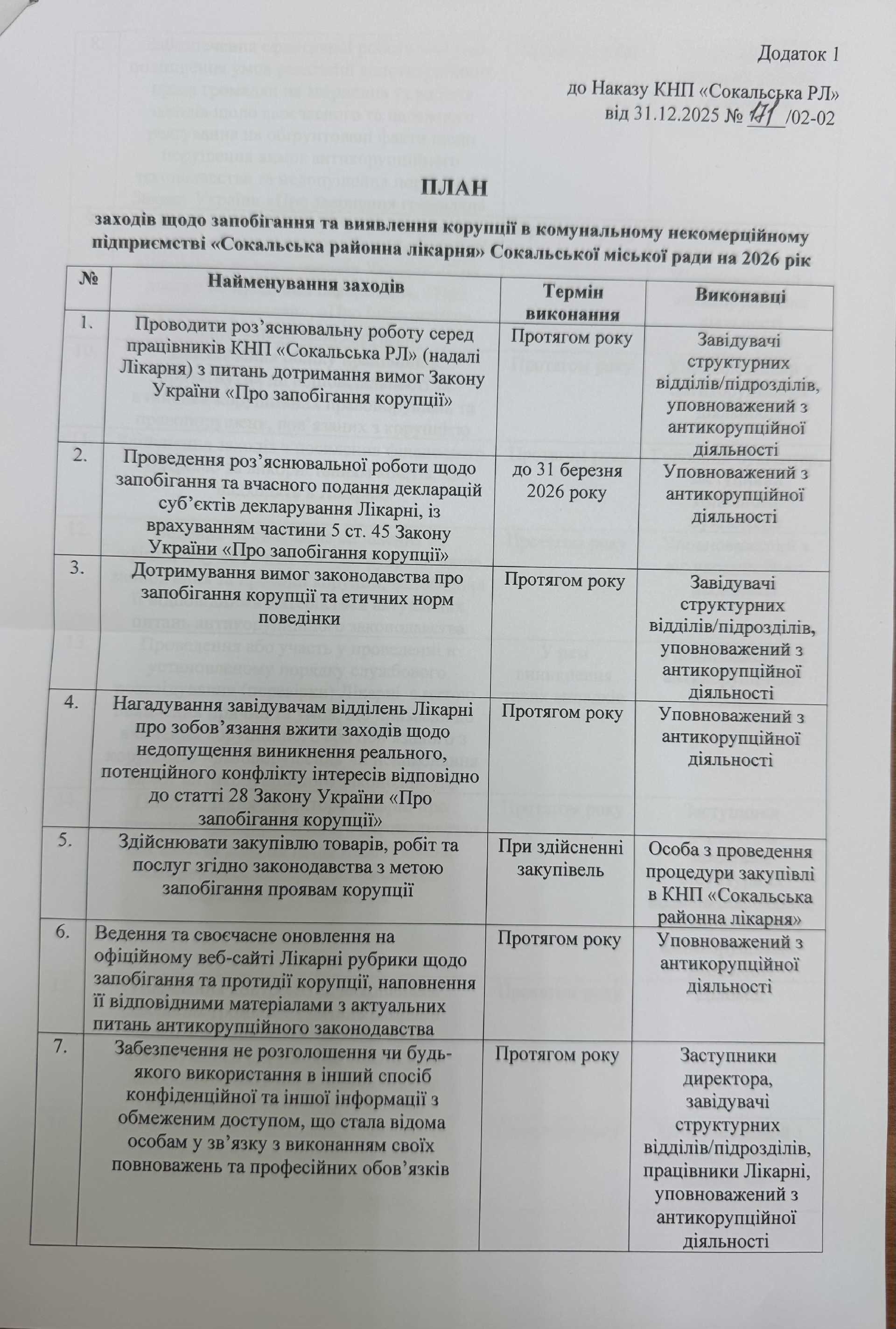 Про затвердження Плану заходів щодо запобігання та виявлення корупції в КНП "Сокальська РЛ" на 2026 рік. – Зображення 2