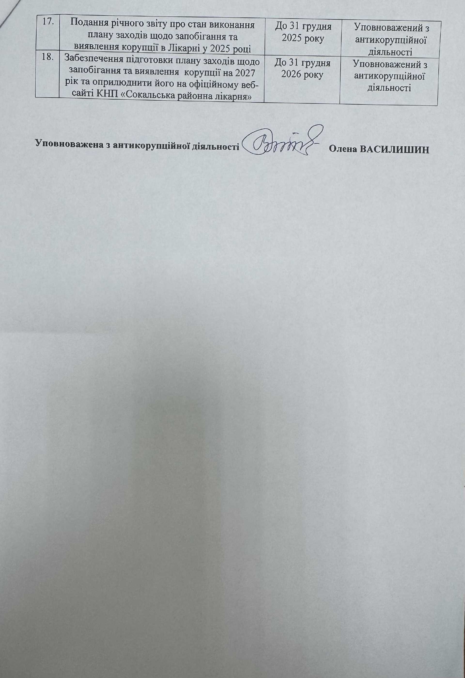 Про затвердження Плану заходів щодо запобігання та виявлення корупції в КНП "Сокальська РЛ" на 2026 рік. – Зображення 4